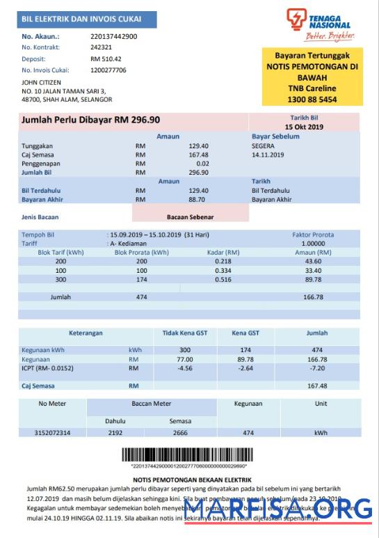 Printable Malaysia Tenaga Nasional electricity utility bill template in Word and PDF format